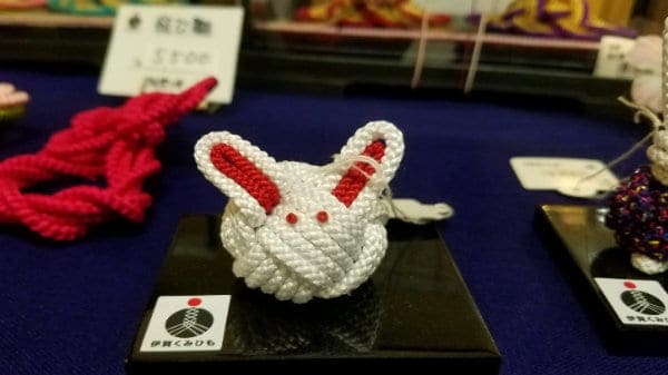 A rabbit made from a woven globe knot, on display at the Braids Conference in Japan