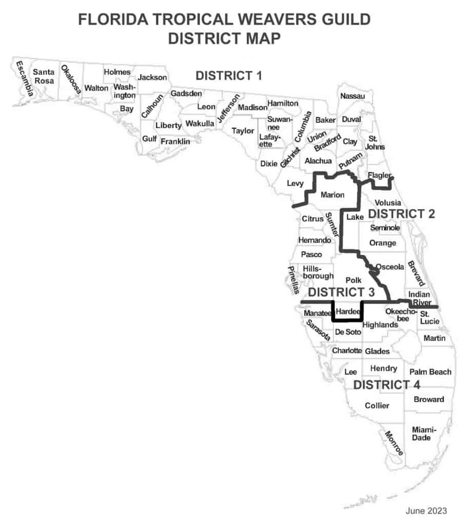 A map of the state of Florida, showing the boundaries of all counties, with darker lines dividing the state into the FTWG districts, and with each district labeled